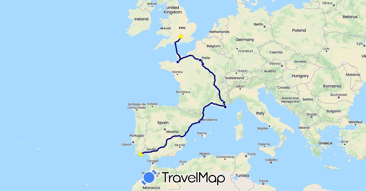 TravelMap itinerary: driving in Spain, France, United Kingdom, Portugal (Europe)